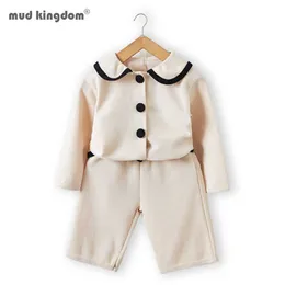 Mudkingdom Toddler Kid Baby Girl Set di vestiti a maniche lunghe Cappotto lavorato a maglia Set Peter Pan Blazer Pants 210615