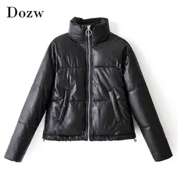 Women Casual Pu Leather Black Coat Stand Collar Office Jacket Long Sleeve Warm Ladies Tops Outerwear Winter Autumn 210515