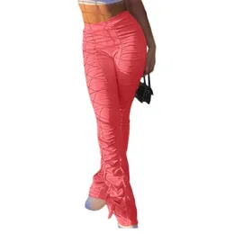 Kvinnor byxor Capris Kvinnor Hög midja 2021 Ribbed Flare Byxor Stackade Leggings Jogger Stretch Bell Bottom Flared