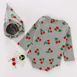 Spring Baby Onesies Girls Cherry Print Romper Höst Pojke Kläder Toddler Långärmad Hooded Jumpsuit 210515