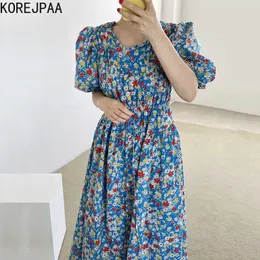 Korjpaa Kvinnor Klänning Sommar Koreansk Fashion Chic Vintage Blommor V Neck Pläterad Draw String Waist Slim Långtryck Klänningar 210526