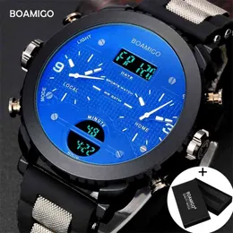 Män klockor Boamigo Märke 3 Tidszon Militärsport Klockor Man Led Digital Quartz Armbandsur Presentförpackning Relogio Masculino 210407
