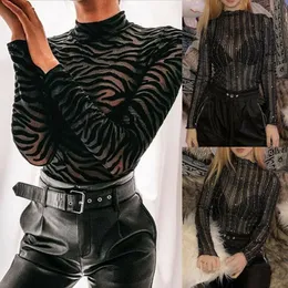 Women Sexy See-through Jumpsuits Rompers Bodycon Long Sleeve Zebra Stripe Leotard Tops Body Suit Female Jumpsuits