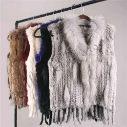 Ethel Anderson 정품 여성용 토끼 모피 조끼 Gilet Tassels Real Fur Coat Kintted Waistcoat 너구리 모피 칼라 outwear 210816