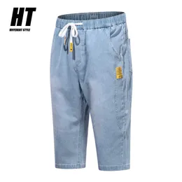 Sommar mäns stretch kort märke bomull jeans denim shorts män baggy wide ben hög kvalitet elastisk bermuda boardshort man 210603