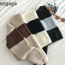 Ezgaga Streifen Pullover Frauen Vintage Oansatz Kontrast Langarm Crop Pullover Lose Herbst Neue Mode Pullover Strickwaren Weibliche X0721