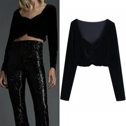 Czarny Velvet Crop Top Kobiety V Neck Vintage Wzburzyć Z Długim Rękawem Topy Kobieta Fall Winter Ruched Elegancka seksowna bluzka 210519