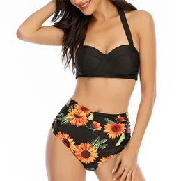 Kvinnor Mode Sunflower Print Ärmlös Bikini Set Top Shorts Två Piece Baddräkt Baddräkt Badkläder Strand Slitage Tankinis 210621