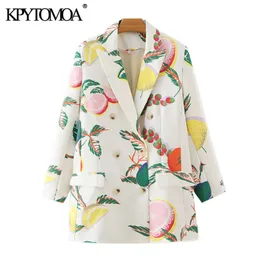 Women Fashion Double Breasted Fruit Print Blazers Coat Vintage Long Sleeve Pockets Female Outerwear Chic Tops 210416