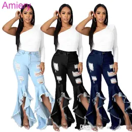 Kvinnor Denim Flared Long Pants Bell Bottom Jeans Byxor Sexig Hole Ripped Full Length Leggings Bodycon Streetwear Stylish Clothing Plus Storlek S-XXXL