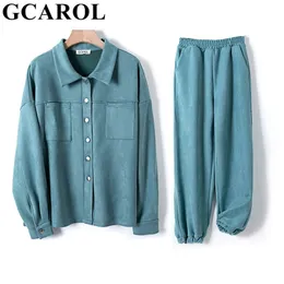 Gcarol Women Tracksuits 벨벳 재킷 및 바지 드롭 어깨 대형 코트 단일 브레스트 탄성 허리 바지화물 M, L 210819