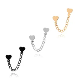 Korea Girls KPOP Fashion Stainless Steel Stud Earring Love Heart Chain Double Ear Hole Earrings Punk Ear Piercing Jewelry