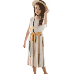 夏服の女の子の縞模様のベストワイドレッグパンツ2本の子供たちの弓シフォンスーツのための韓国人6 8 10 12 14 210528