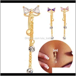 Bellknapp ringer smycken Drop Leverans 2021 Designer Fashion Reverse Sexig Bow Gold Chain Cz Triangle Navel Belly Ring Dangle Body Piercing