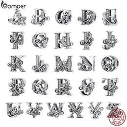 925 Sterling Silver Letter Vintage A do Z 26 List Charms Openwork CZ Alfabet Koraliki Fit Charm Bransoletka BSC030