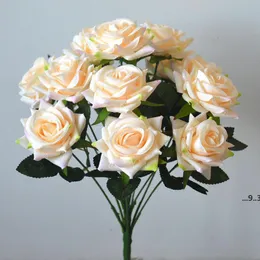 New12 Heads Artificial Rose Flowers Bouquet Silk Roses för Home Bridal Wedding Party Festival Decor Champagne och Rosa Ewa4357