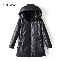 Winter Casual Faux Leather Black Coat Kobiety Z Długim Rękawem Gruba Ciepła Kurtka Lady PU Midi Kapturem Topy 210515