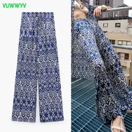 VUWWYV ZA Kadınlar Geniş Bacak Pantolon Setleri Mavi Baskı Yüksek Bel Kadın Pantolon Yaz 2021 Vintage Streetwear Pantolon Kadın Pantolon Q0801 Suits