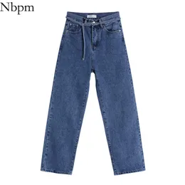 NBPM женские шикарные моды с поясом мешками прямые джинсовые брюки винтаж высокой талии джинсы стирают тонкий свободный весна лето 210529