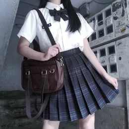 Japanska JK Tre Piece Set Plaid Mini Kvinnor Pläterad Skirt Skola Uniforms Kjol Kawaii A-Line High Waist Goth Suits Sets 210608