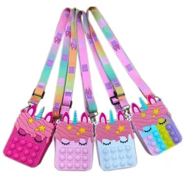 Fidget Sensory Bubble Shoulder Bag Cellphone Straps Finger Push Phone Pouch Case Change Coin Decompression Unicorn Toys for Girls Kids