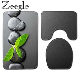 ZeGle 3D Stone Printed Bathroom Carpet Set Anti-Slip Toalett Golv Mat Dekor Toalett Sittkåpa Rug Tvättbar Dusch 210401