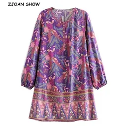 Bohemia Open Buttons O neck Location Floral Dress Purple Ethnic Woman Long Sleeve Loose Mini Short Cotton Dresses Beach 210429