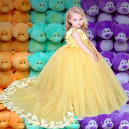 TULLE Princess Yellow Flower Girls 'Abiti con fiori fatti a mano gioiello baby ragazza concorso festeggia indossare prime comunioni abiti personalizzati su personalizzati s