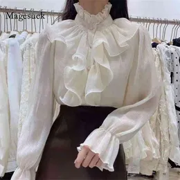Spring Ruffles Stitching Long Flare Sleeve Chiffon Blouse Women Buttons Ruched Loose Tops Stand Collar Solid Female Shirts 12946 210512