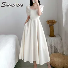 SURMIITRO Summer Midi Long Dress Women Korean Style Ladies Elegant Short Puff Sleeve Tunic Party Sundress Female 210712