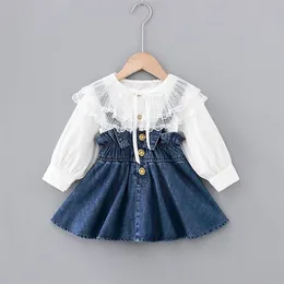 Toddler Baby Dress 1-3Years Spring Höst Kid's Outwear Infant Big Lace Neck SHIRT + VEST TWO Pieces Set för Girls 210625