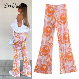 Çiçek Baskı Saten Pantolon ZA Kadın 2021 Yaz Moda Geniş Bacak Uzun Pantolon Kadın Vintage Pantalones Mujer Bayanlar Alt Yeni Q0801