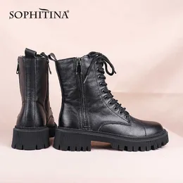 Sophitinaの女性は、両側に新しい快適な高品質のレザーブラックオートバイのジッパーをレースアップシューズSC845 Y0910