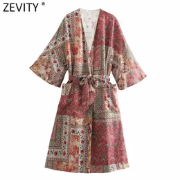 Kvinnor Vintage Cloth Patchwork Print Casual Long Smock Blus Kvinna Sashes Kimono Shirts Chic Open Stitching Tops LS9198 210420