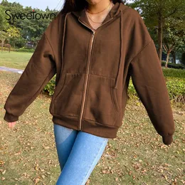 Sweetown Brown Aesthetic Hoodies Women Vintage Zip Up Sweatshirt Winter Jacket Clothes Pockets Long Sleeve Hooded Pullovers 210927