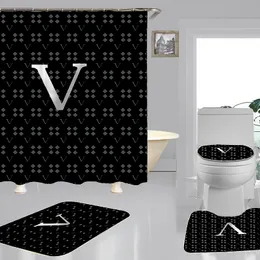 Simple Letter Printed Shower Curtains Fashion Home Waterproof Bath Curtain Personality Toilet Cover Mats Four Piece Set