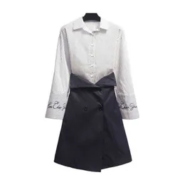 Возможно, U Navy Blue mini короткие юбка кнопка полоса поворотный воротник с длинным рукавом рубашка женщины установить две части 2 T0056 210529