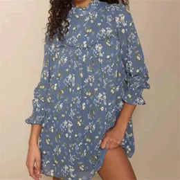 シックなレンテのBlauwe Bloemenprint Turtlneck Jurk Retro Jurken Sexy VestidosビンテージフレアLange Mouwen Vrowen 210520