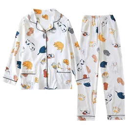 Gestrickte Langarm-Hosen für Damen, zweiteiliges Pyjama-Set für Sommer und Herbst, Baumwolle, lockerer Stil, bedruckt, 211215