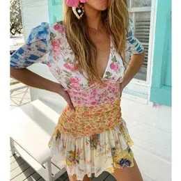 INSPIRED floral short sleeve ruffled mini summer cute ladies bow tied front sexy dress for women 210412