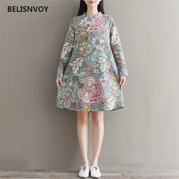 Woman Dress A-line Mini Vintage Chinese National Style Floral Printed es Long Sleeve Mandarin Collar Button Vestidos 210520