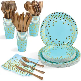 Dostępne zastawy stołowe Niebieskie złoto zaopatrzenie w papierowe talerze serwetki Puchar plastikowy widelc łyżka na Boże Narodzenie baby shower