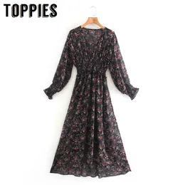 Toppies Vintage Flowers Print Abito da donna Bohemia Manica lunga con scollo a V Abiti Vestido de Mulher 210412