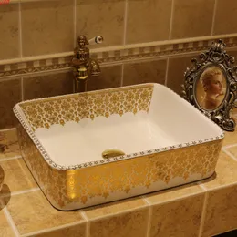Gold Porcelain Bathroom ceramic counter top sink Rectangular wash basin popular in europe art colorful hand sinkgood qty