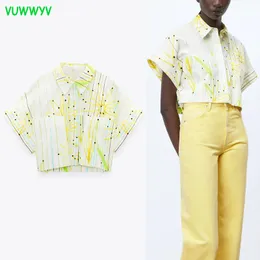 Vuwwyv Summer Chic DaisyプリントプリントPoplin Shirt Women審美的な縞模様の作物トップ女性半袖ハイストリートチュニックトップ210430