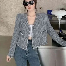 Spring Fall Female Elegant Vitnage Short Tweed Woman Jacket Coat Women Streetwear Plaid Outerwear Mujer Chaqueta Kobieta Kurtka 210514