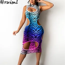 Letnia sukienka damska Hollow Out Leopard Drukuj wysoki talia gradient Kolor ES Streetwear Casual Fashion Party Women 210513