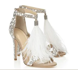 JC Jimmynessity Choo عالية الجودة Sal2020 Salehot New Fashion Designer Women Shoes with Feather Rhinestone Summer Sundals High High Crystals Party Bridal Sho