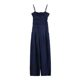 PERHAPS U Blue Denim Lace Sleeveless Straped Pocket Solid Long Full Length Wide Leg Jumpsuit J0124 210529