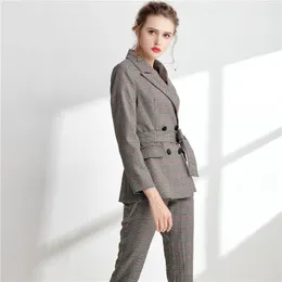 Damskie garnitury Blazers Oftbuy 2021 Spring Autumn Fashion Vintage Casual Coat Office Eleganti podwójnie piersi Blazer Classic Plaid Women Jac